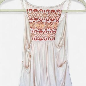 Anthropologie Sleeveless Cream Bubble Tank with Embroidered Coral Yoke